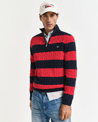 Stribet kabelstrikket sweater af bomuld med halv lynlås