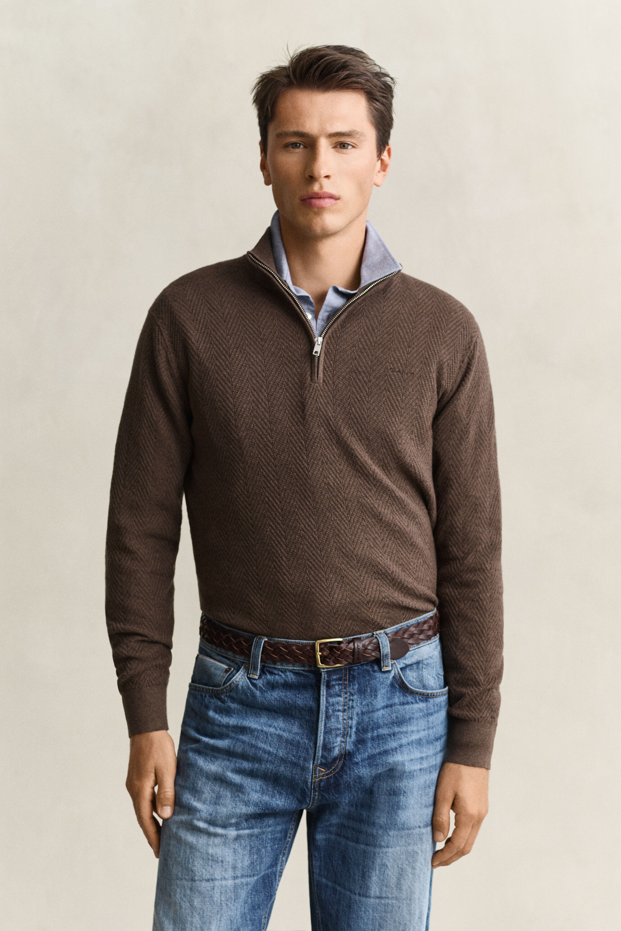 Sildebensmønstret sweater med halv lynlås
