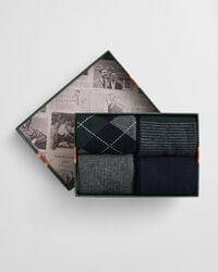 4-Pack sokker med argyle og striber i gaveæske