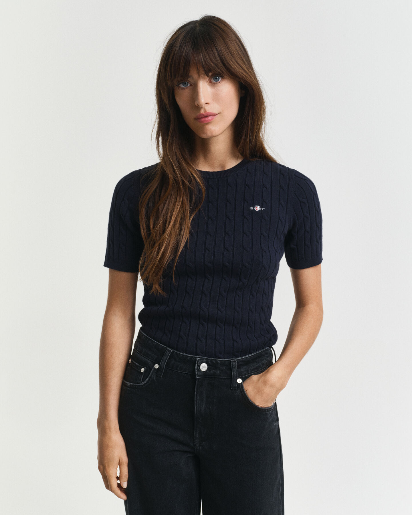 Sweater af strækbomuld med kabelstrik