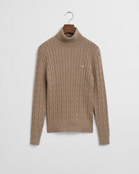 Kabelstrikket sweater af strækbomuld med rullekrave