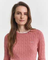 Crewneck sweater af strækbomuld med kabelstrik