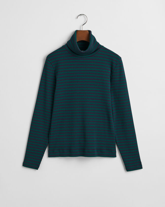 Stribet ribstrikket langærmet top med rullekrave