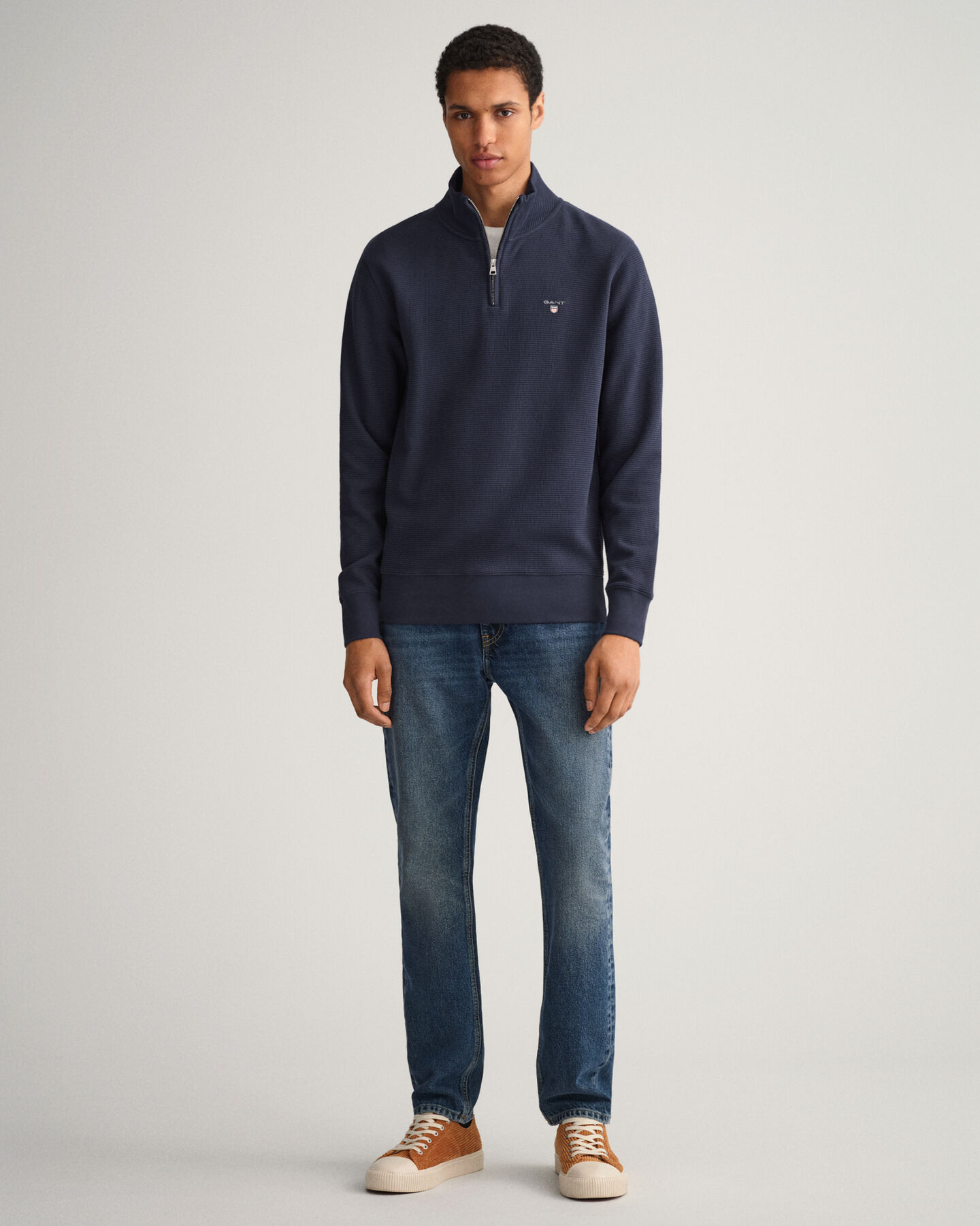 Waffle sweatshirt med halv lynl&aring;s