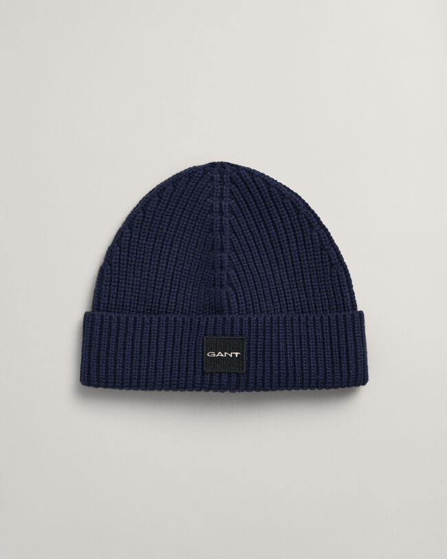 Ribstrikket beanie i bomuld