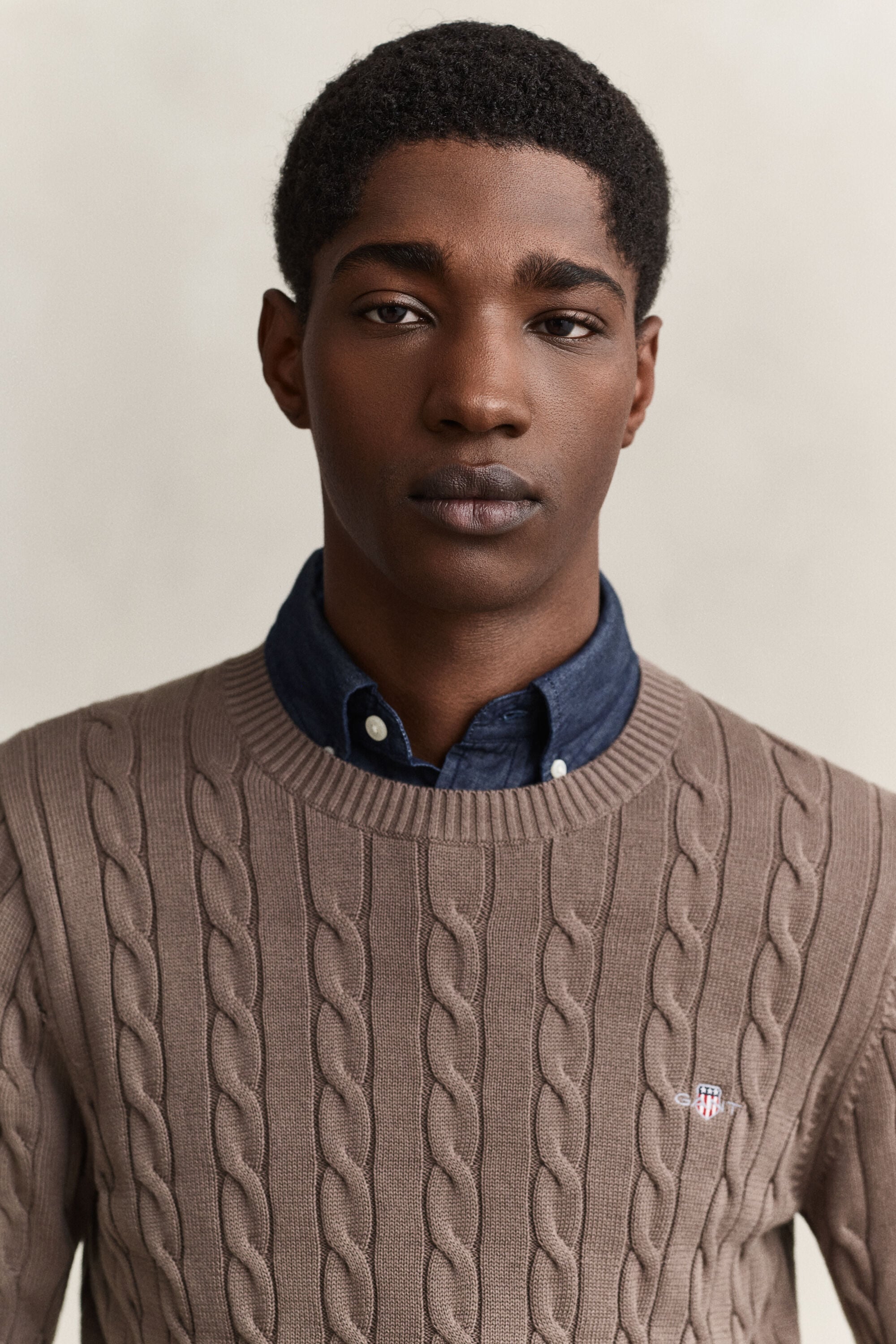 Crewneck sweater af bomuld med kabelstrik