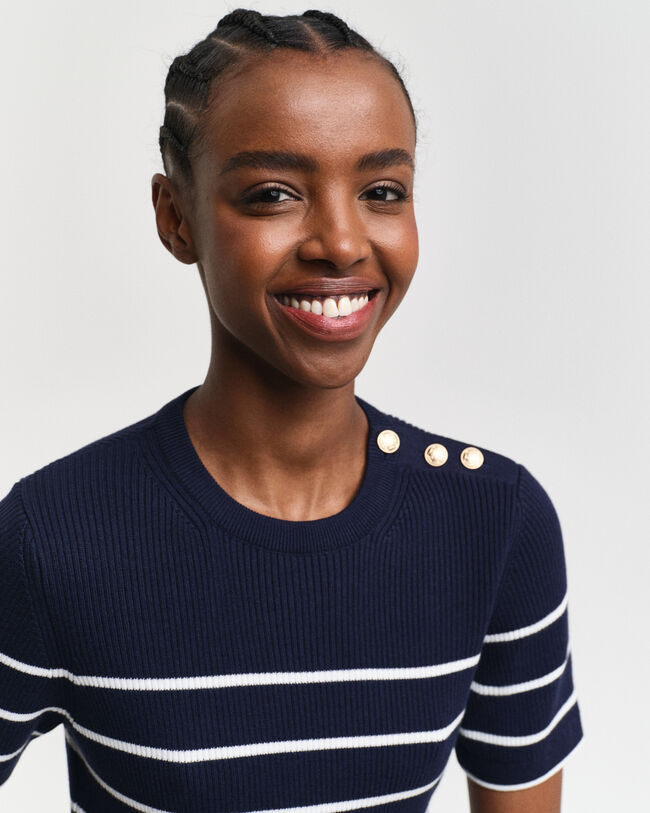 Ribstrikket bretonstribet crewneck sweater