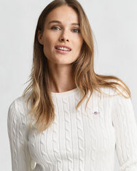 Crewneck sweater af strækbomuld med kabelstrik