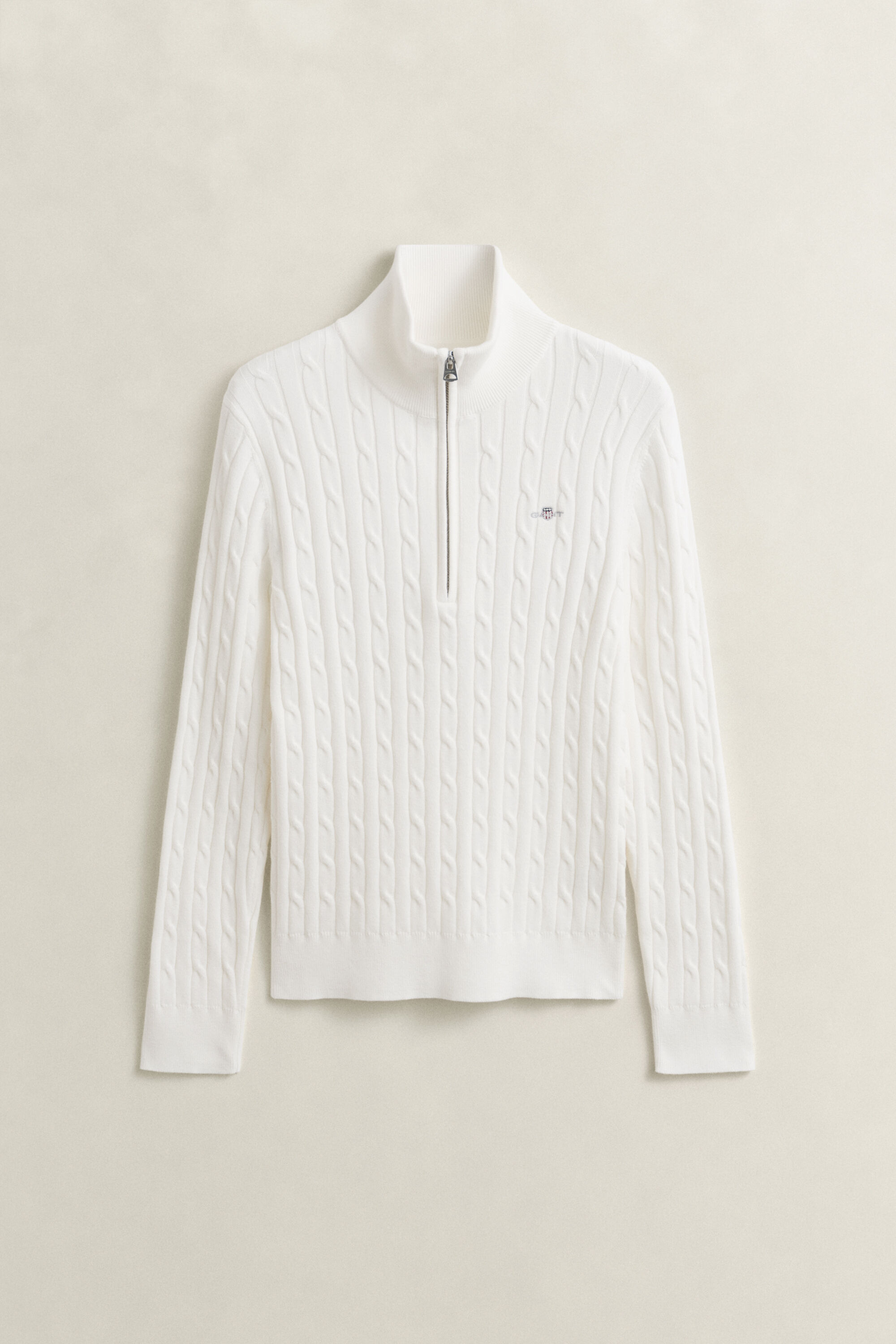 Kabelstrikket sweater med stræk og halv lynlås