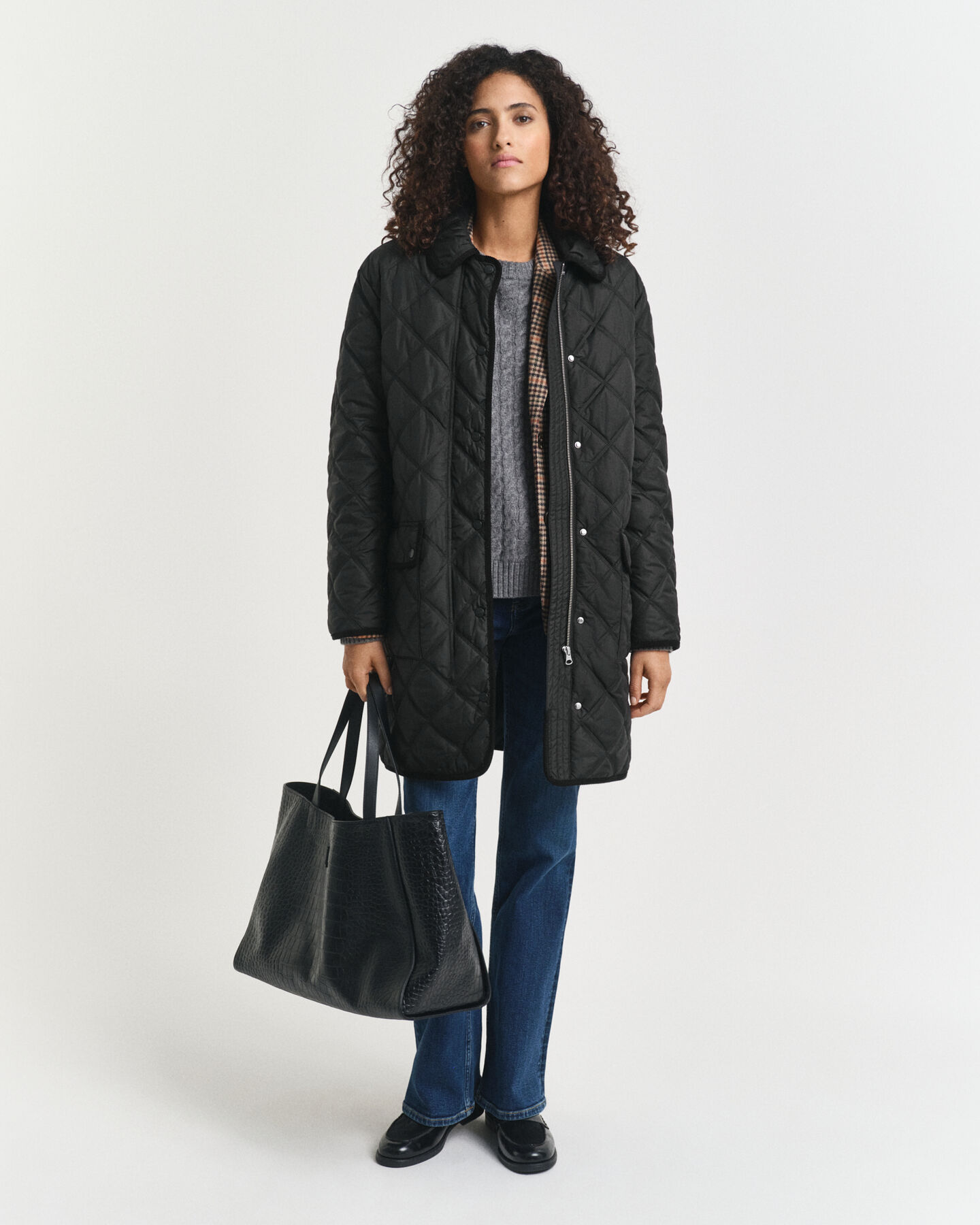 Quiltet frakke med kanter i jernbanefløjl