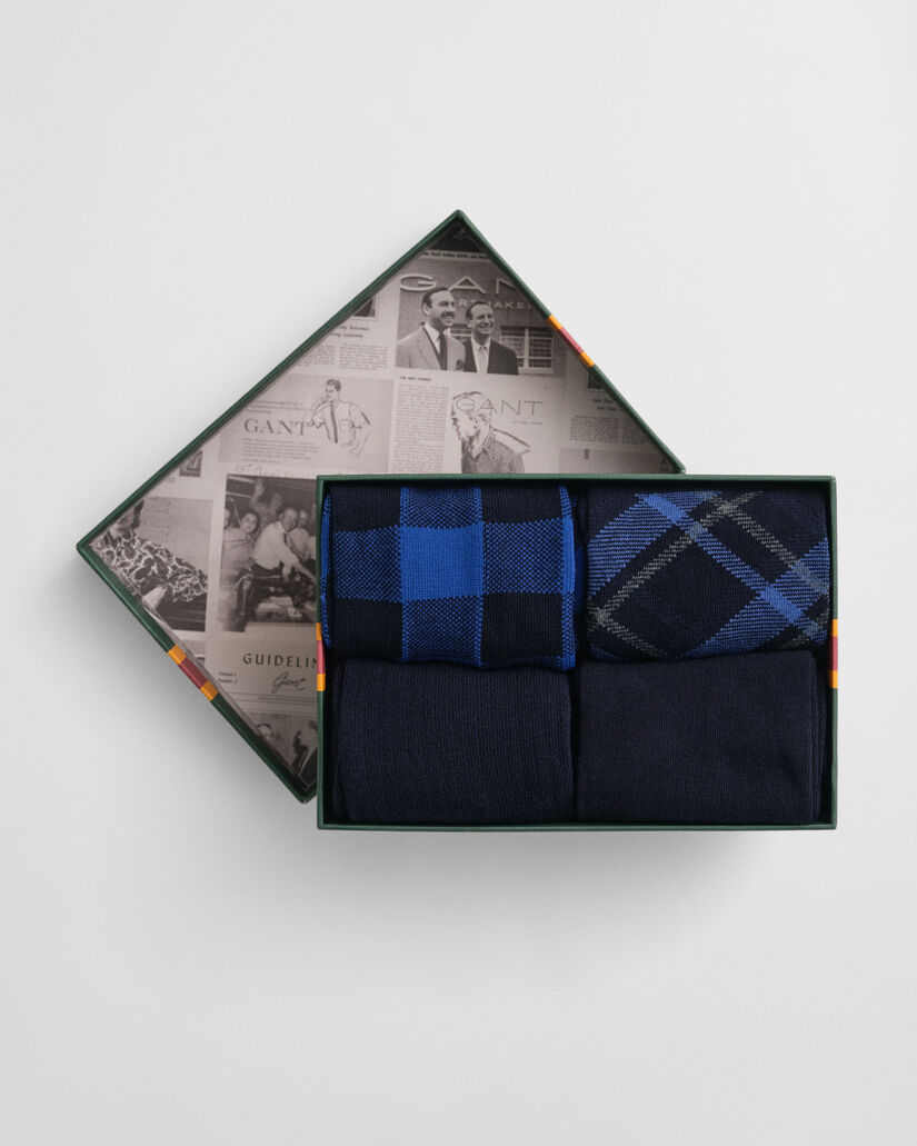 4-Pack ternede og ensfarvede sokker i gaveæske