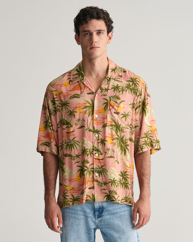 Relaxed Fit Hawaiian Print skjorte med korte ærmer