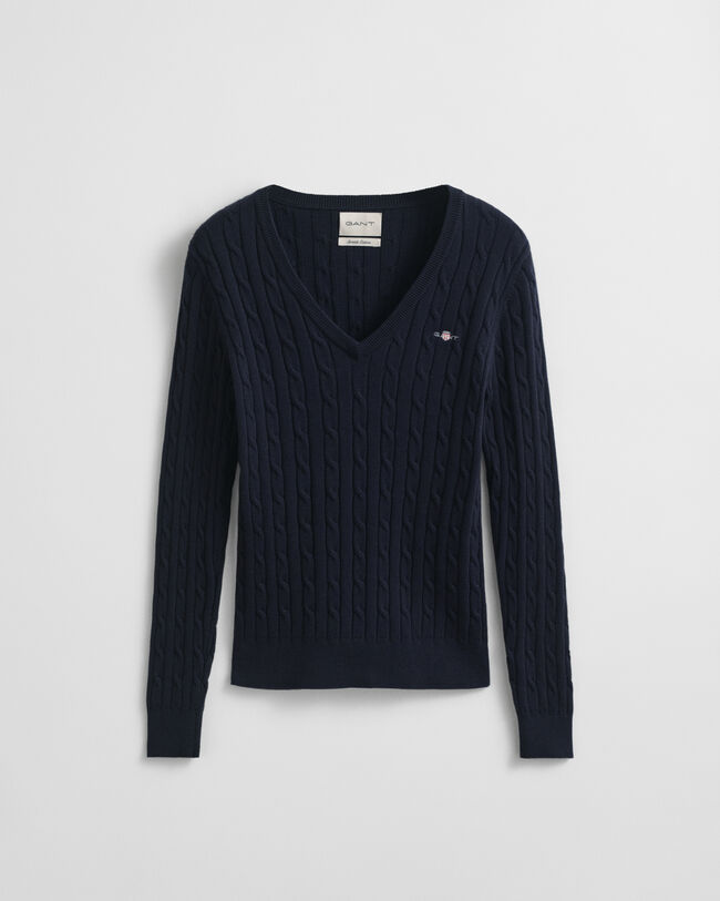 Kabelstrikket sweater af strækbomuld med V-hals