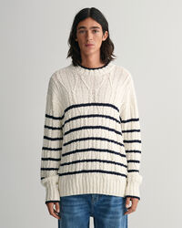 Stribet crewneck sweater med kabelstrik