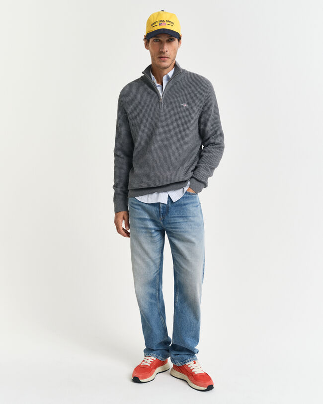 Tekstureret sweater af bomuld med halv lynlås