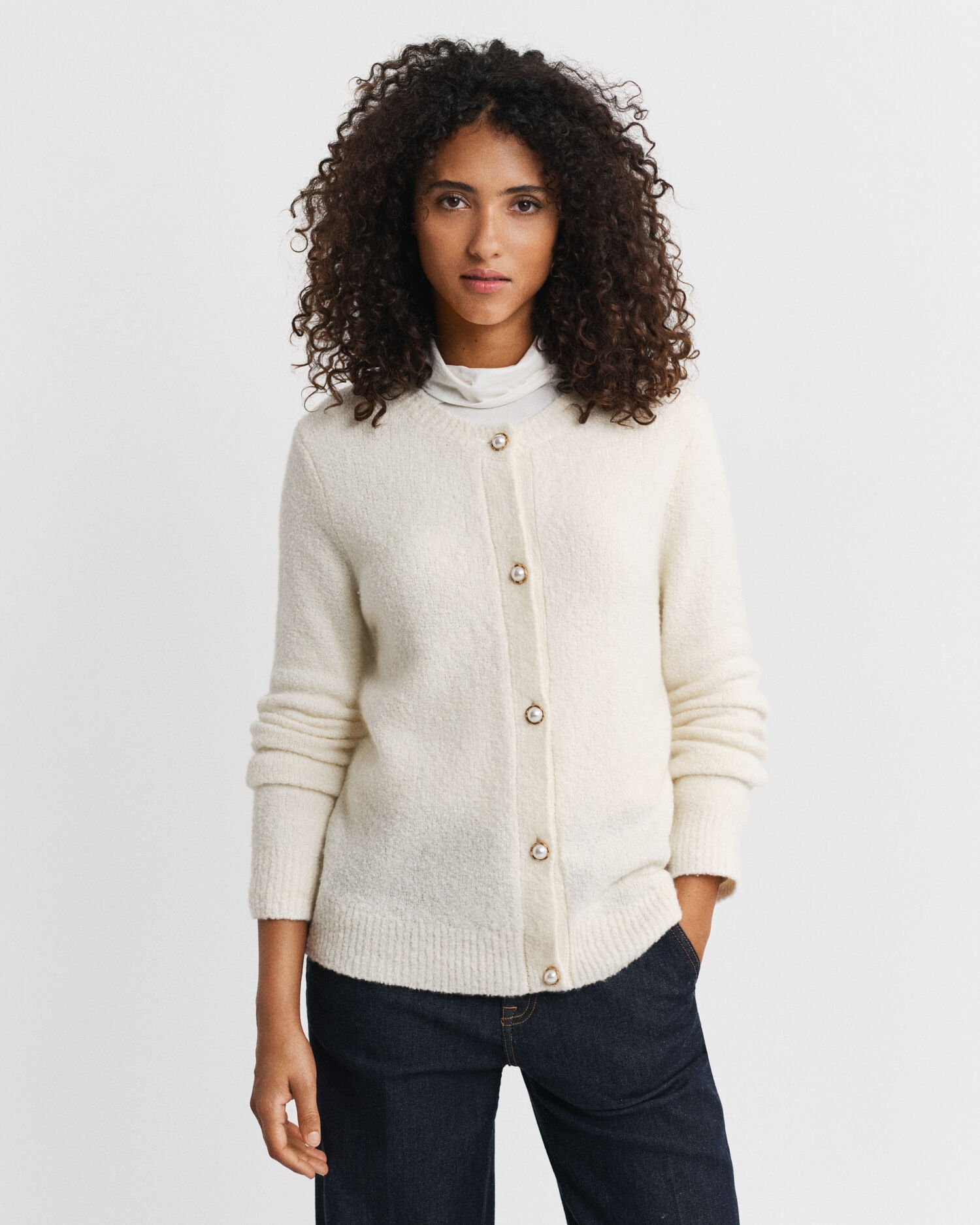 Bouclé crewneck cardigan