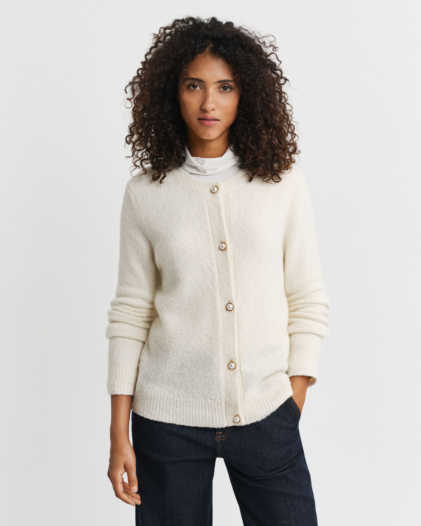 Bouclé crewneck cardigan