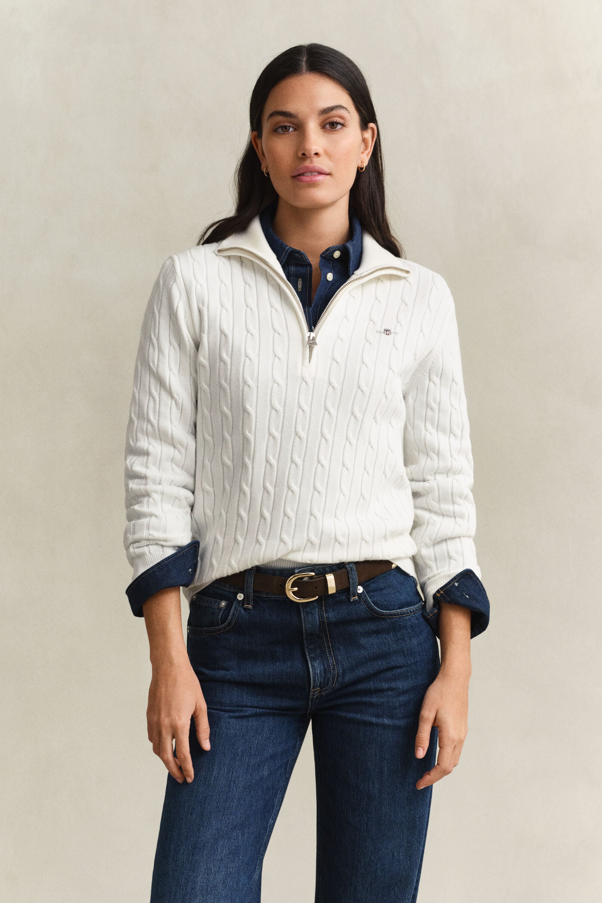 Kabelstrikket sweater med stræk og halv lynlås