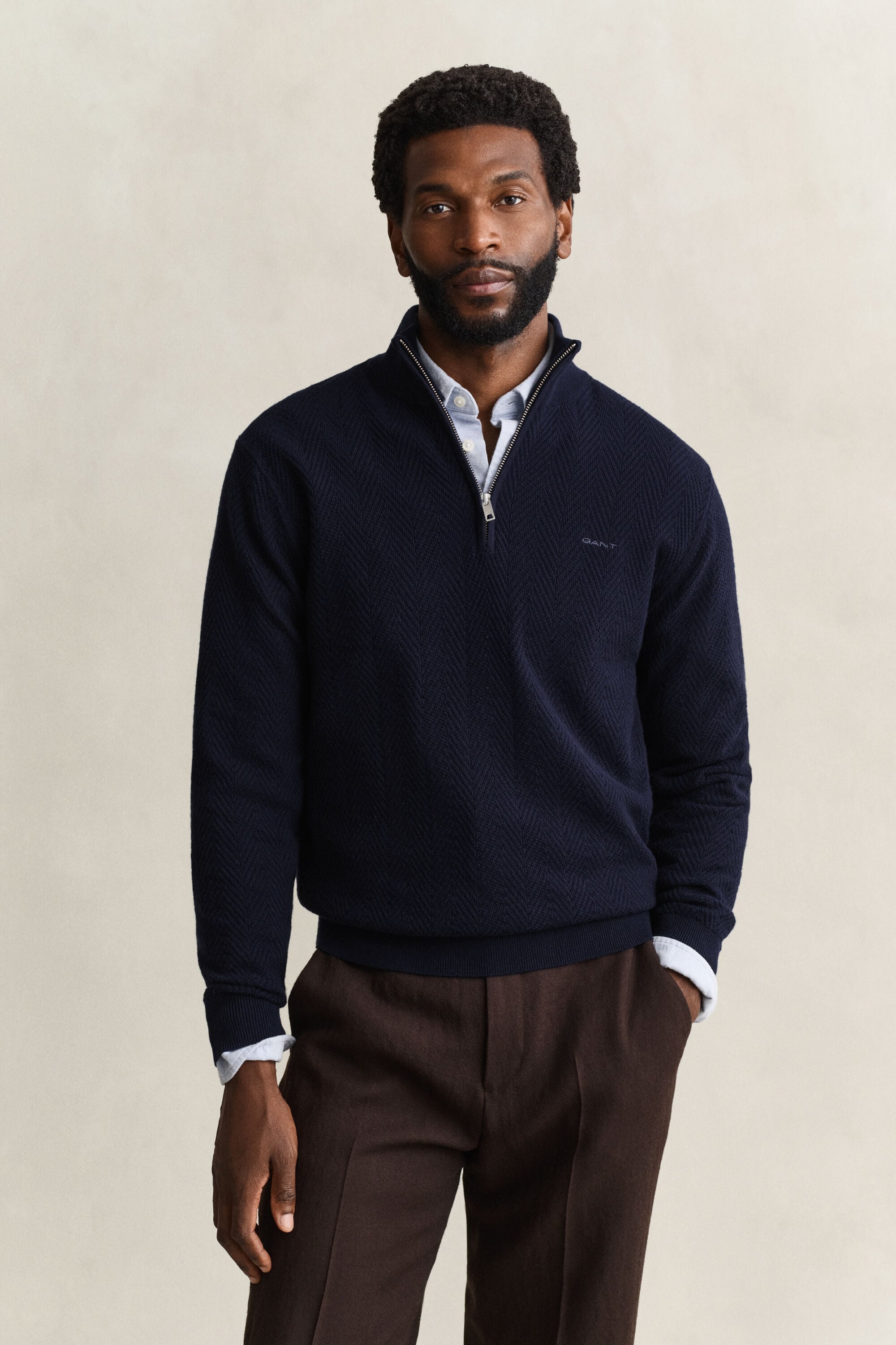 Sildebensmønstret sweater med halv lynlås