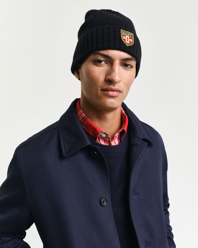 Uldbeanie med mærke