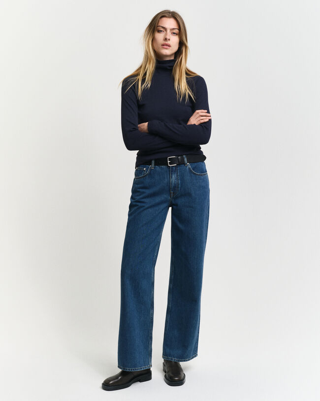 Ribstrikket langærmet top med rullekrave