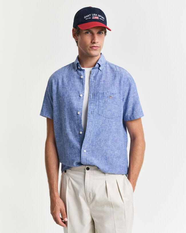 Regular fit skjorte af bomuldshør med korte ærmer