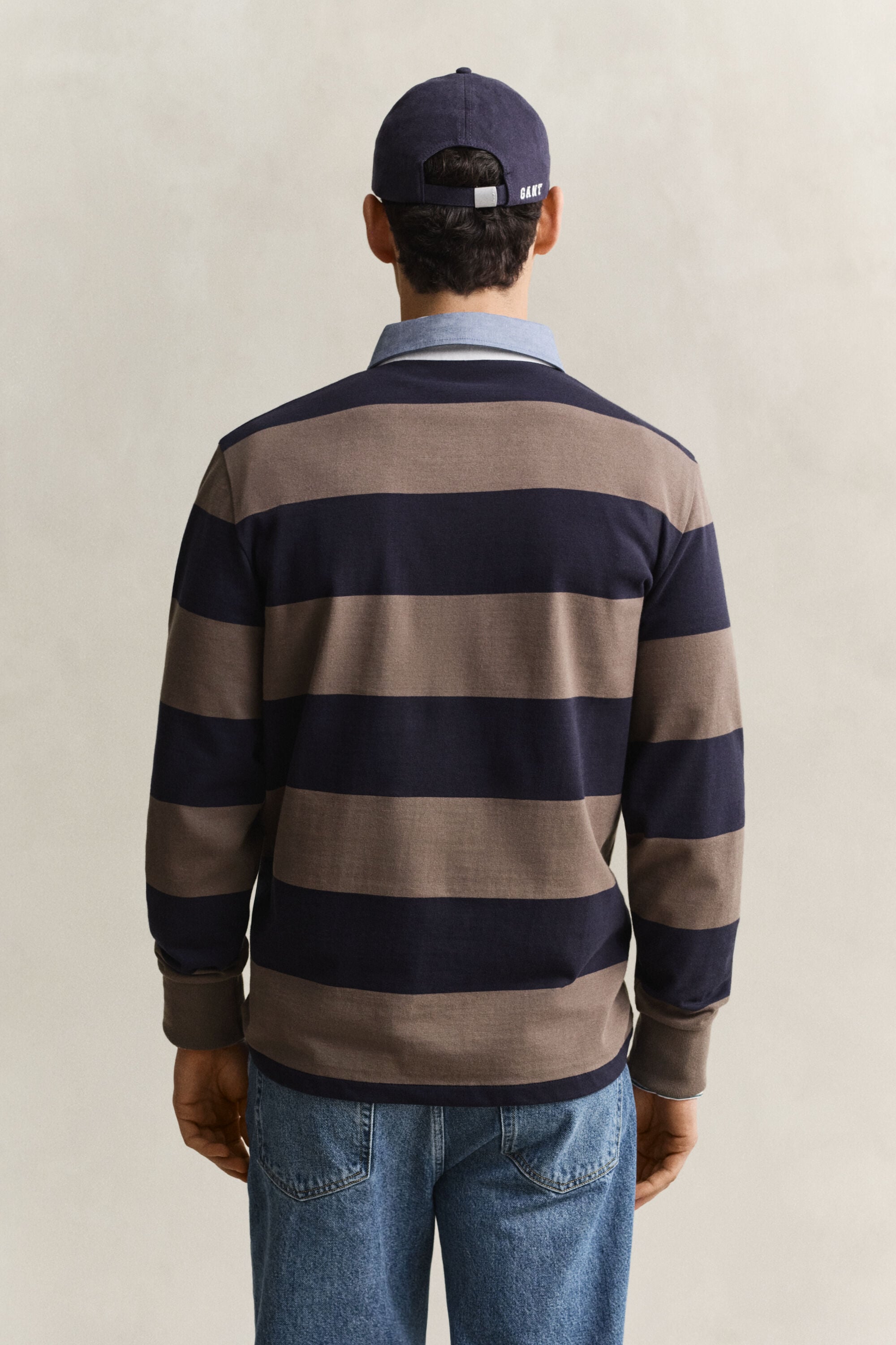 Stribet Heavy Rugger med krave i chambray