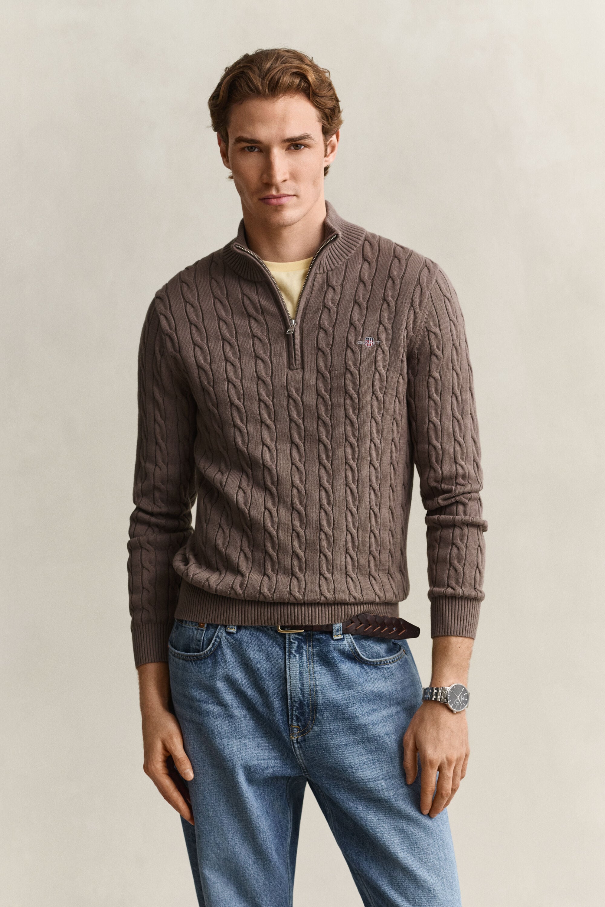 Kabelstrikket sweater af bomuld med halv lynlås