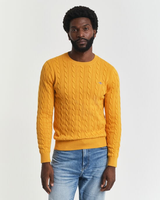 Crewneck sweater af bomuld med kabelstrik