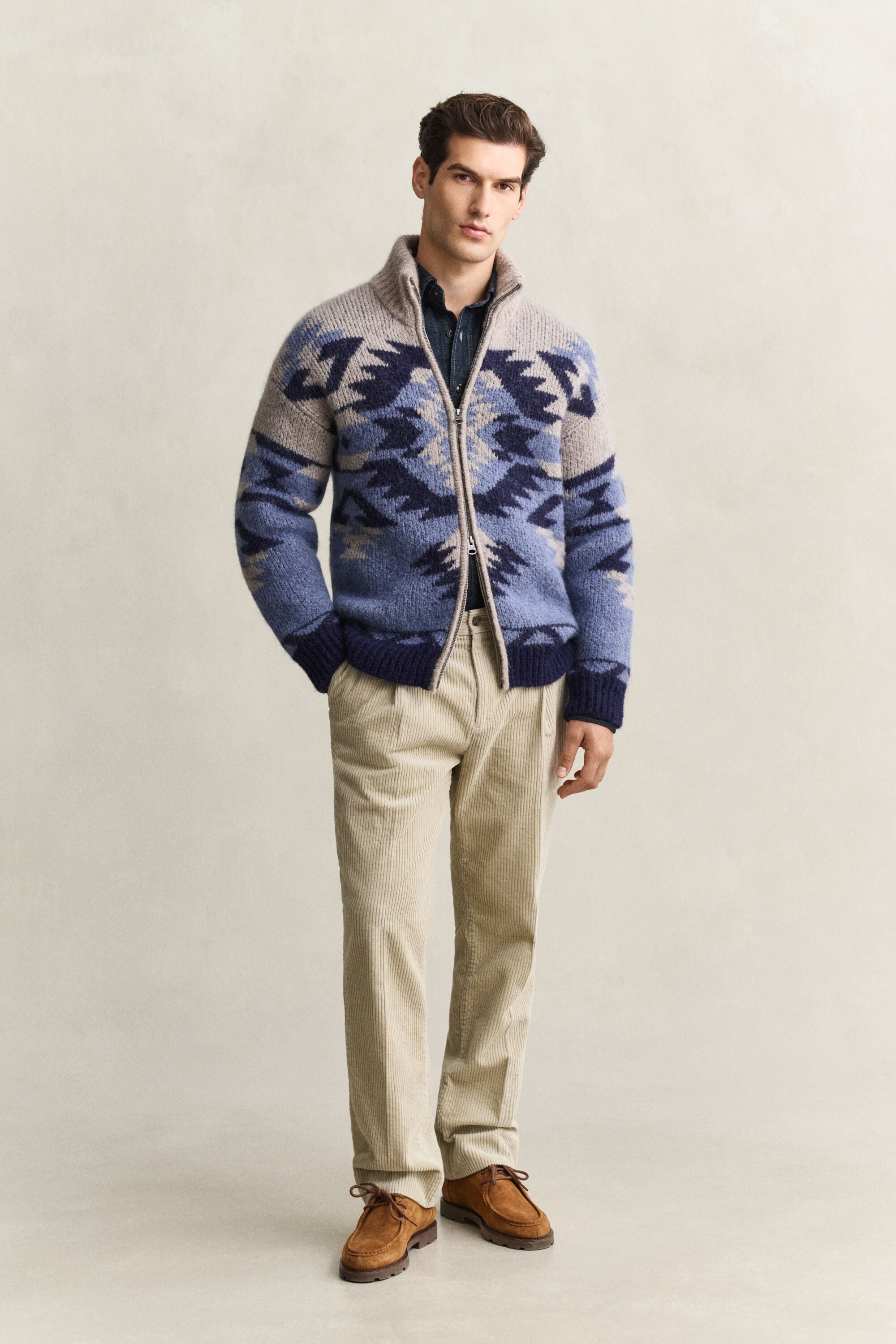 Jacquard cardigan i alpakauldblanding med lynlås
