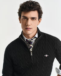 Kabelstrikket sweater af bomuld med halv lynlås