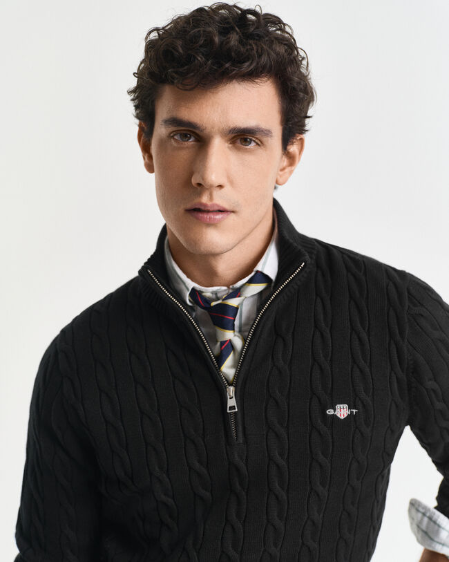 Kabelstrikket sweater af bomuld med halv lynlås