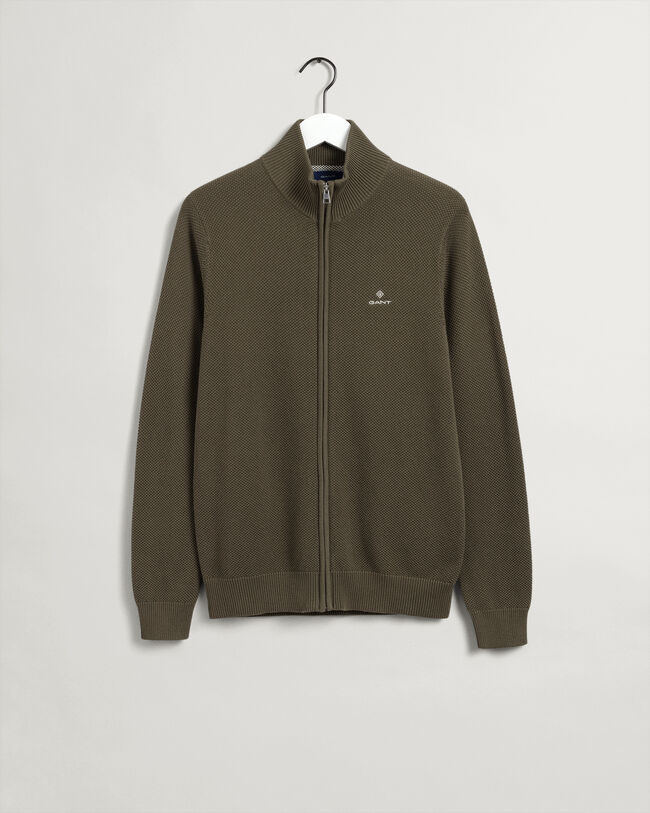 Bomuldspiqu&eacute; cardigan med halv lynl&aring;s