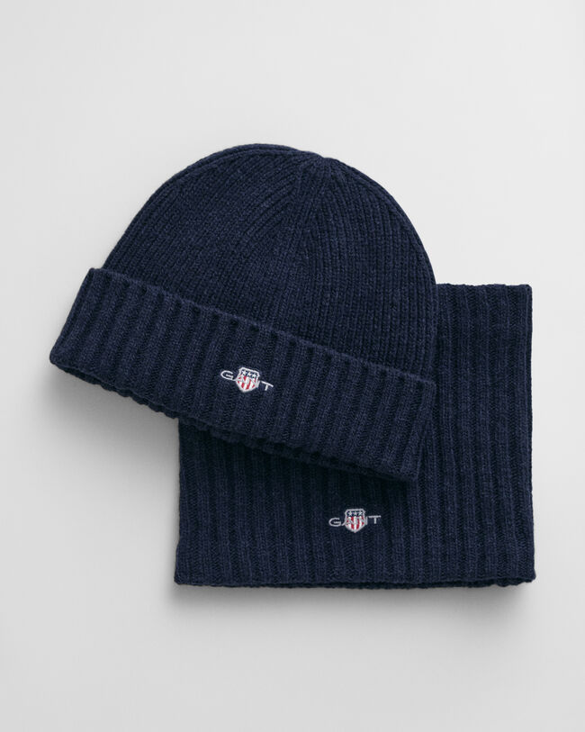 Kids gaves&aelig;t med beanie og h&aring;rb&aring;nd i uld