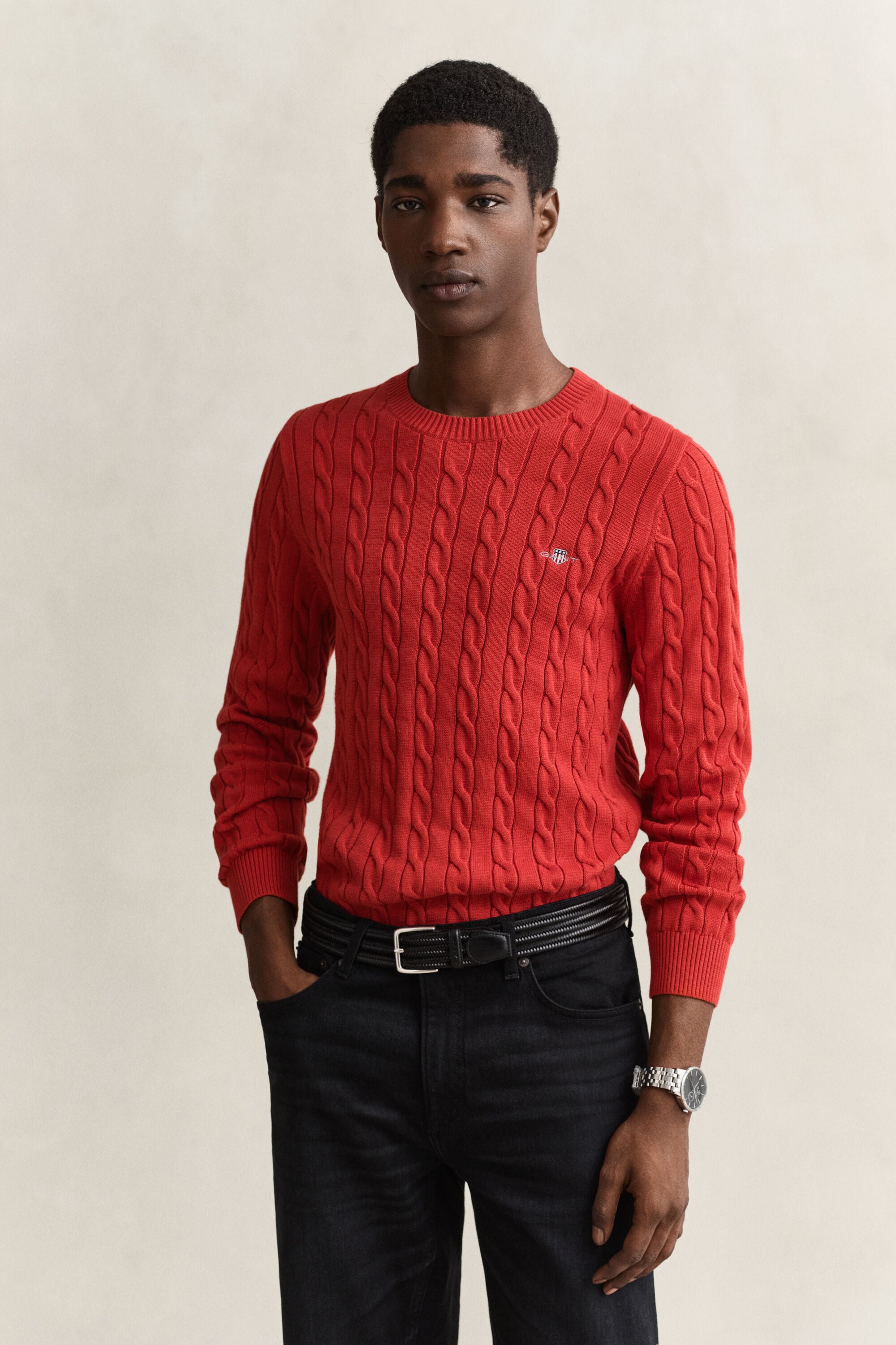 Crewneck sweater af bomuld med kabelstrik