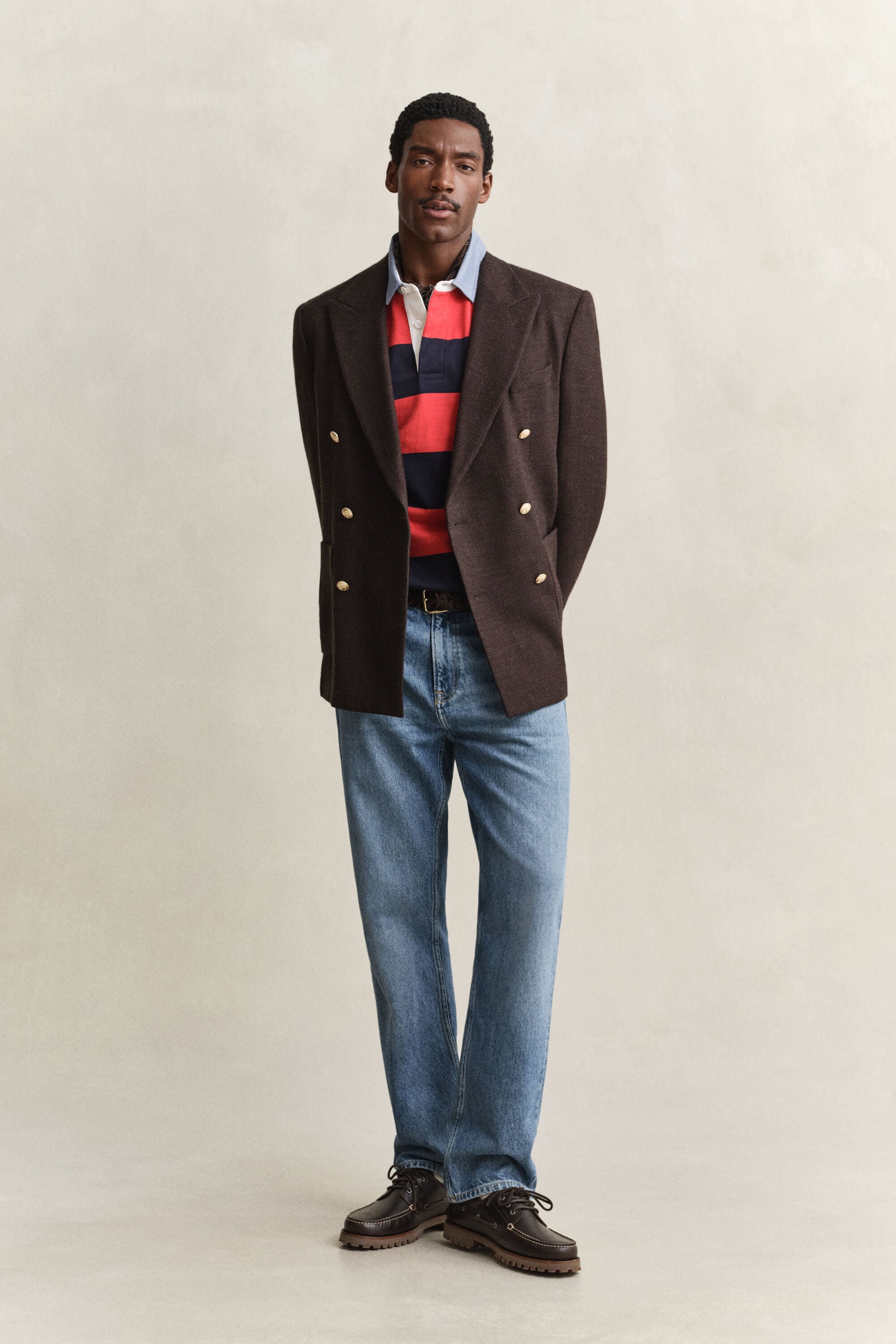 Stribet Heavy Rugger med krave i chambray
