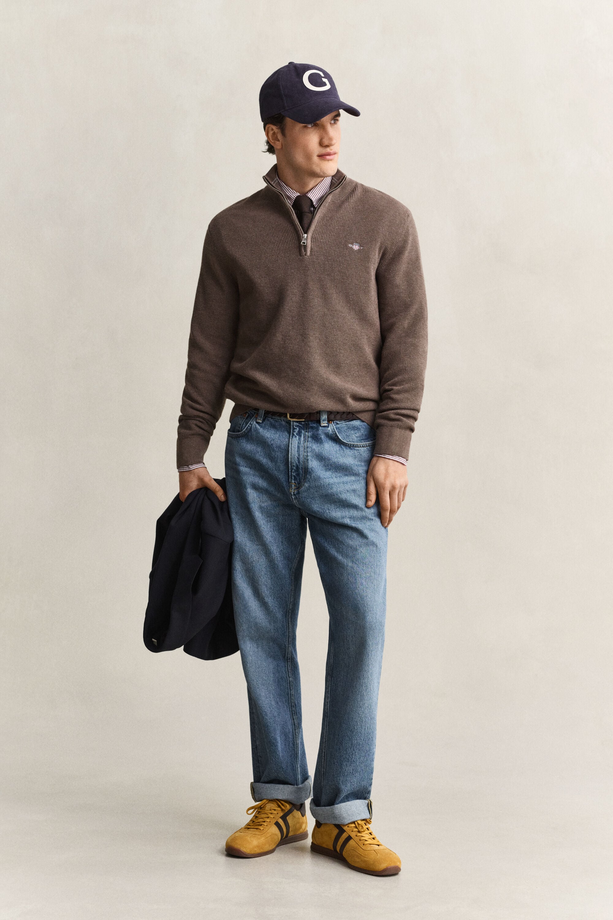 Tekstureret sweater af bomuld med halv lynlås