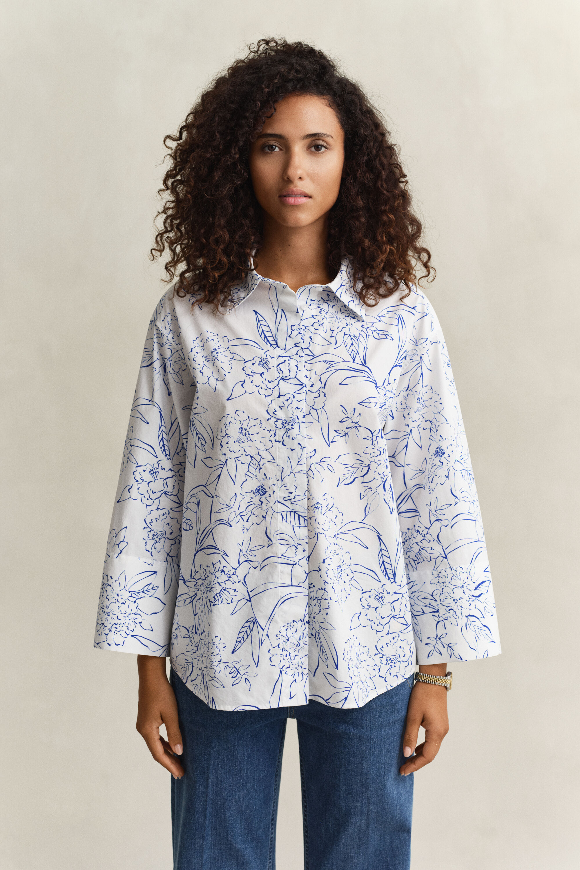 Blomstret poplin-skjorte