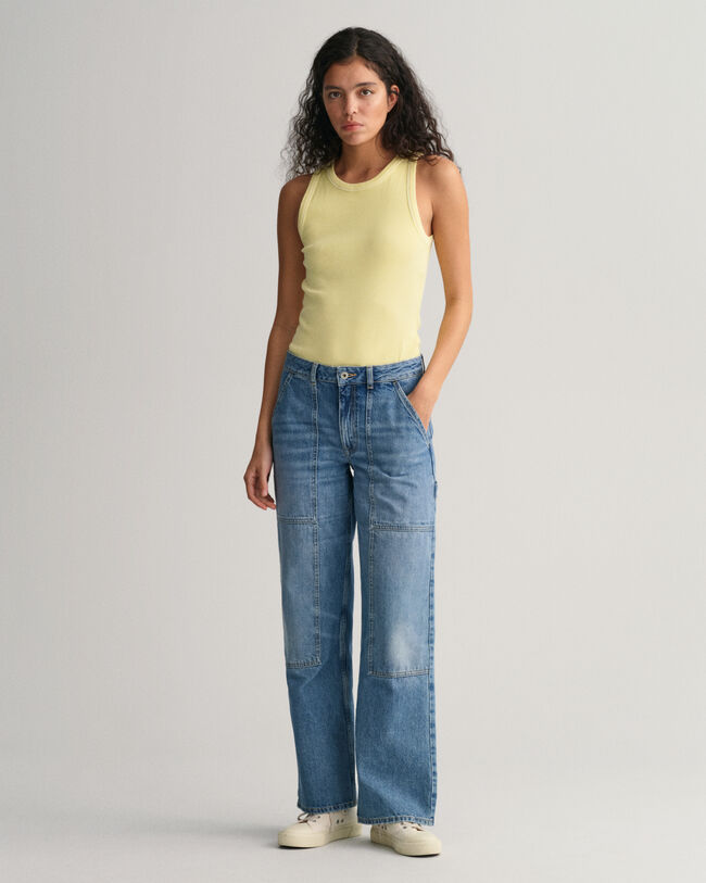 Sunfaded ribstrikket tank-top med h&oslash;j hals