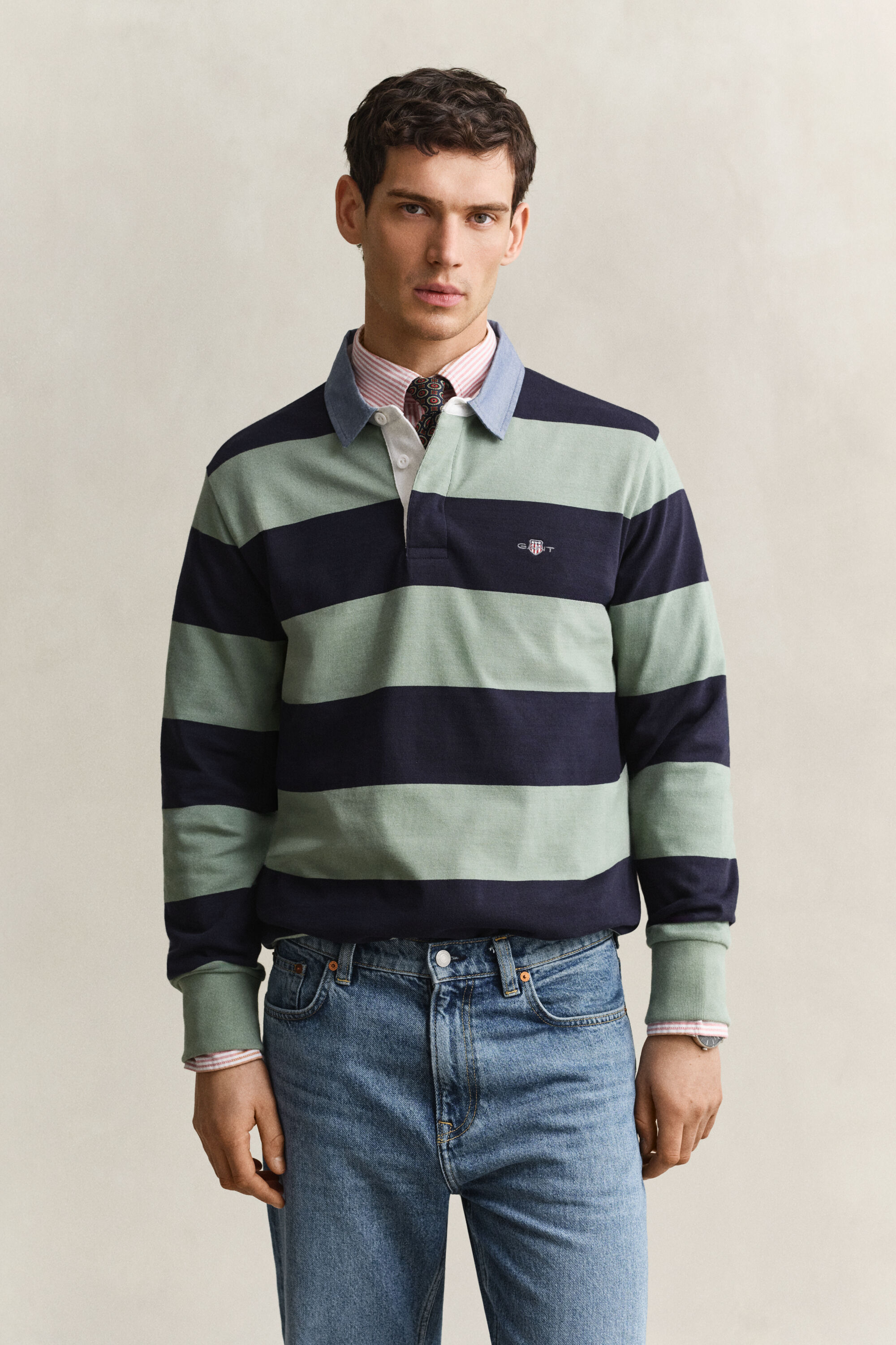 Stribet Heavy Rugger med krave i chambray