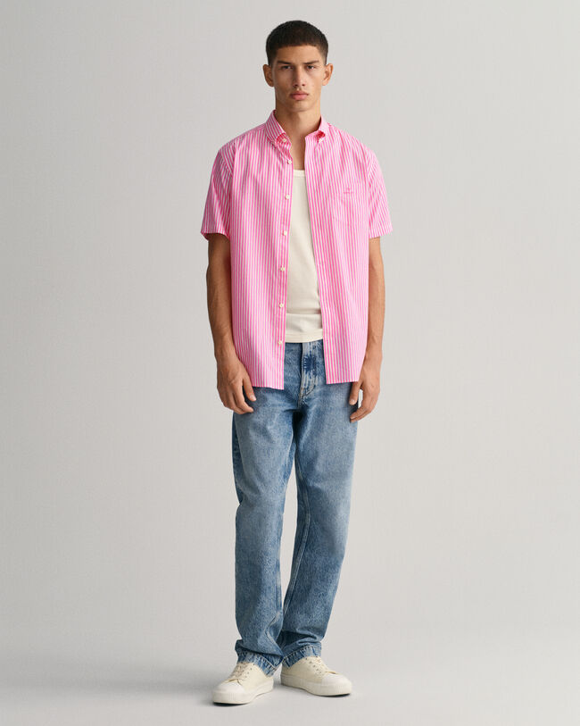 Regular fit stribet tætvævet skjorte med korte ærmer