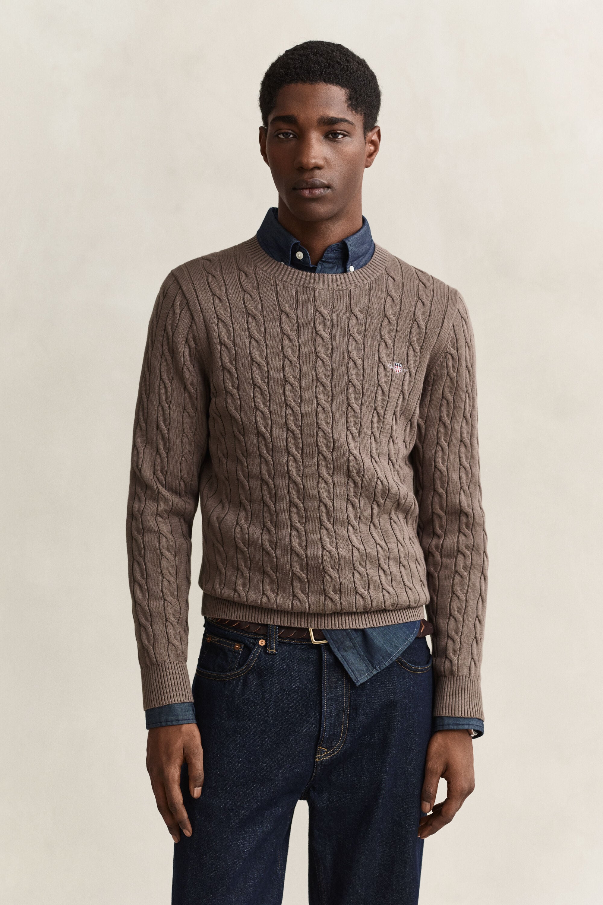 Crewneck sweater af bomuld med kabelstrik