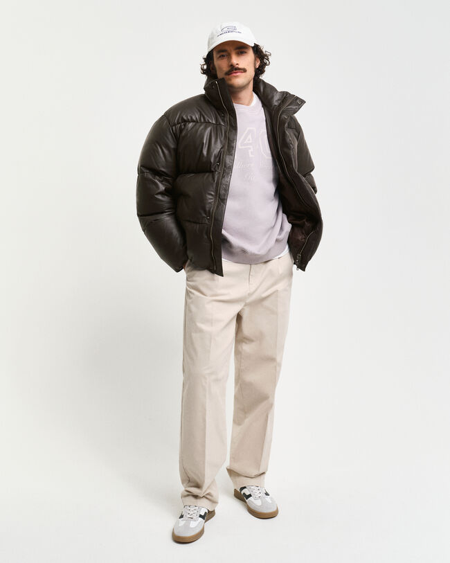 Pufferjakke i læder med gåsedun