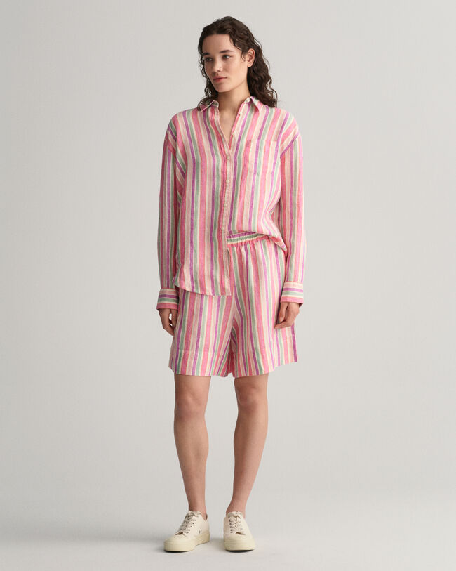 Flerstribede Pull-On-shorts af hør