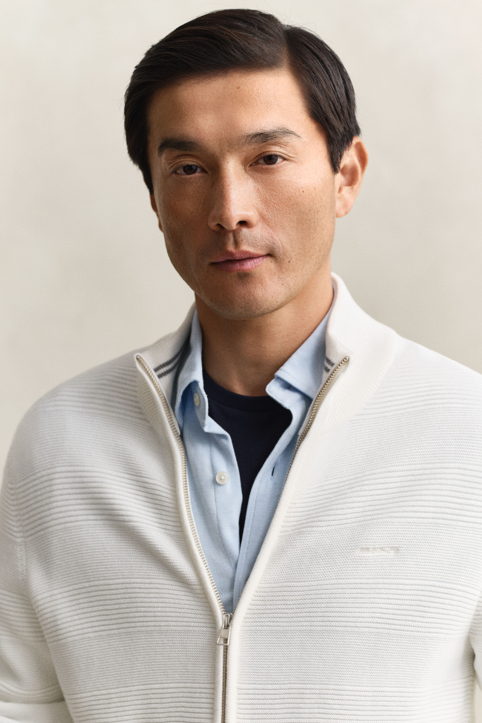 Tekstureret cardigan af bomuld med lynlås