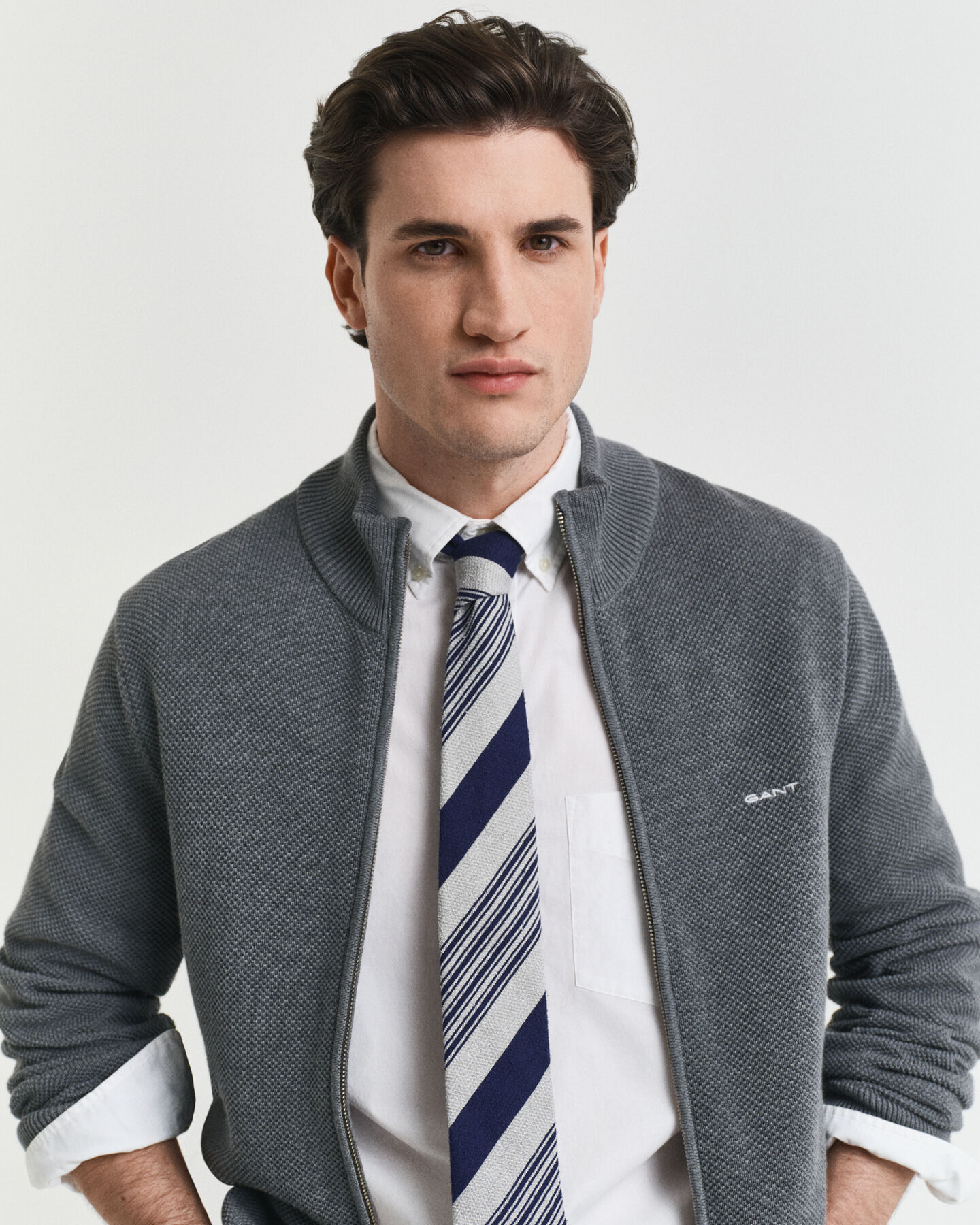 Cardigan af bomuldspiqué med lynlås