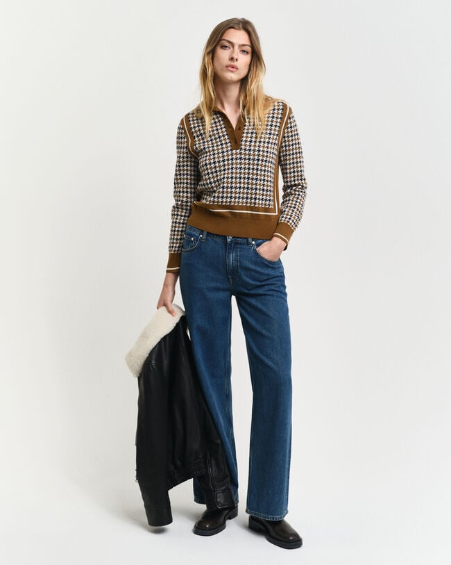 Polo sweater i houndstooth jacquard