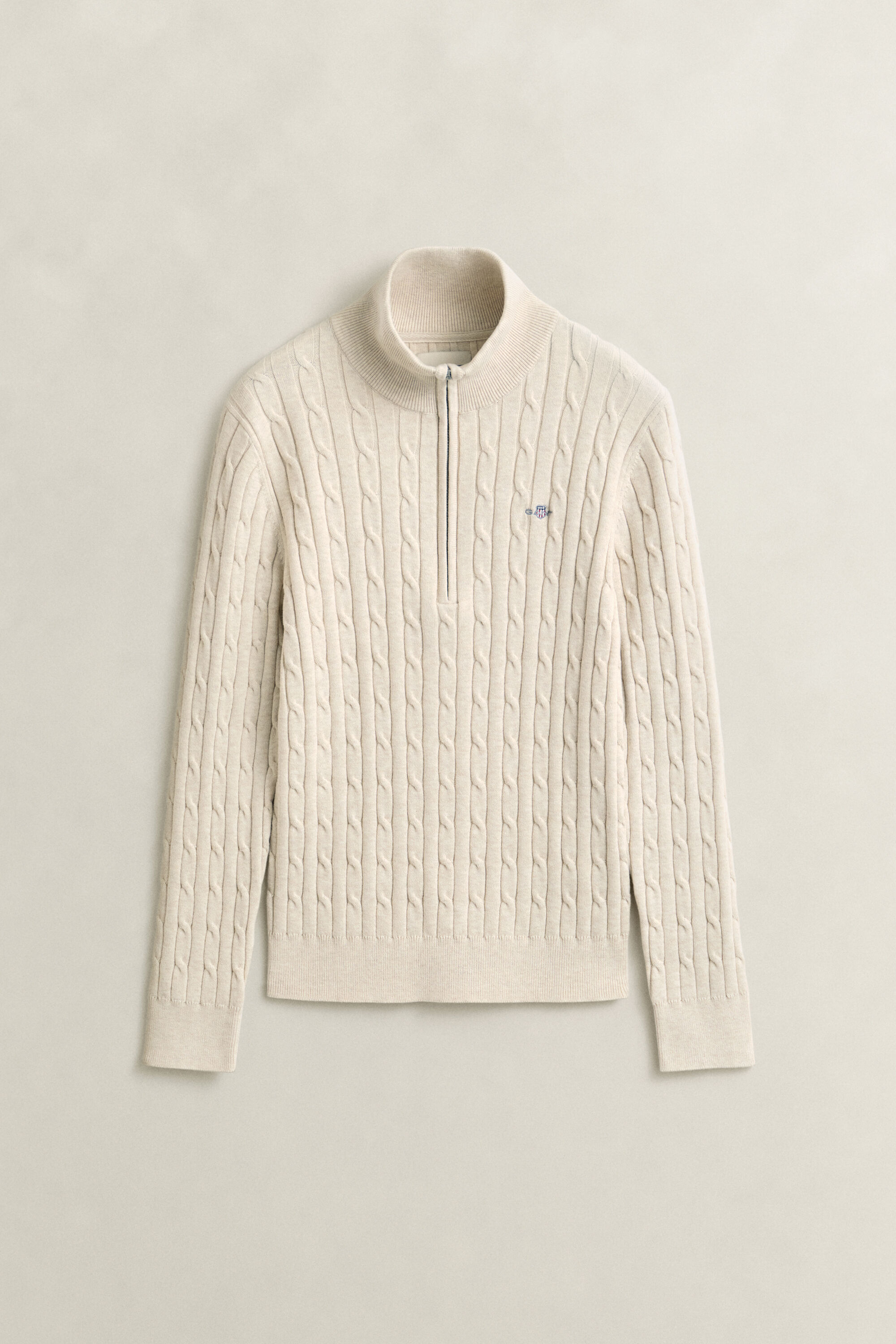 Kabelstrikket sweater af bomuld med stræk og halv lynlås