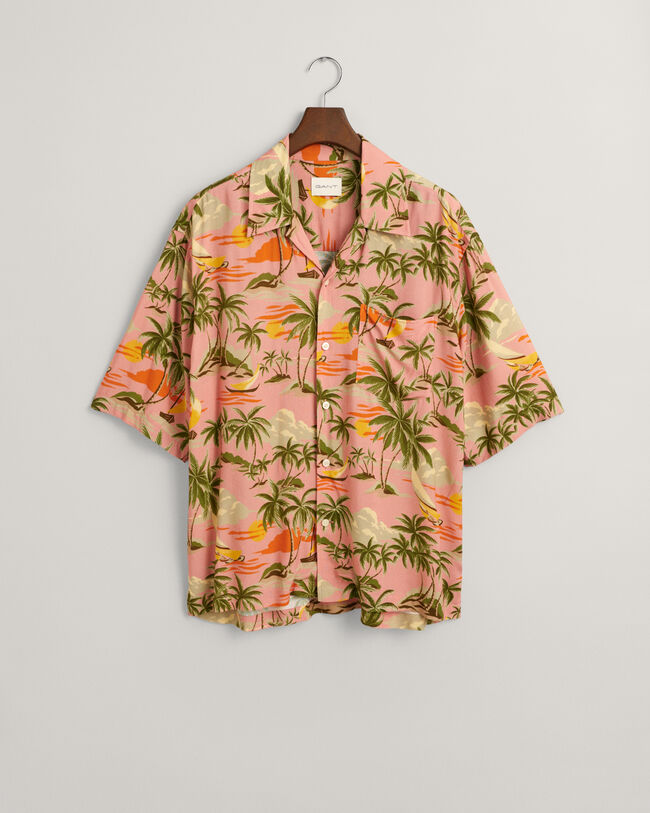Relaxed Fit Hawaiian Print skjorte med korte ærmer