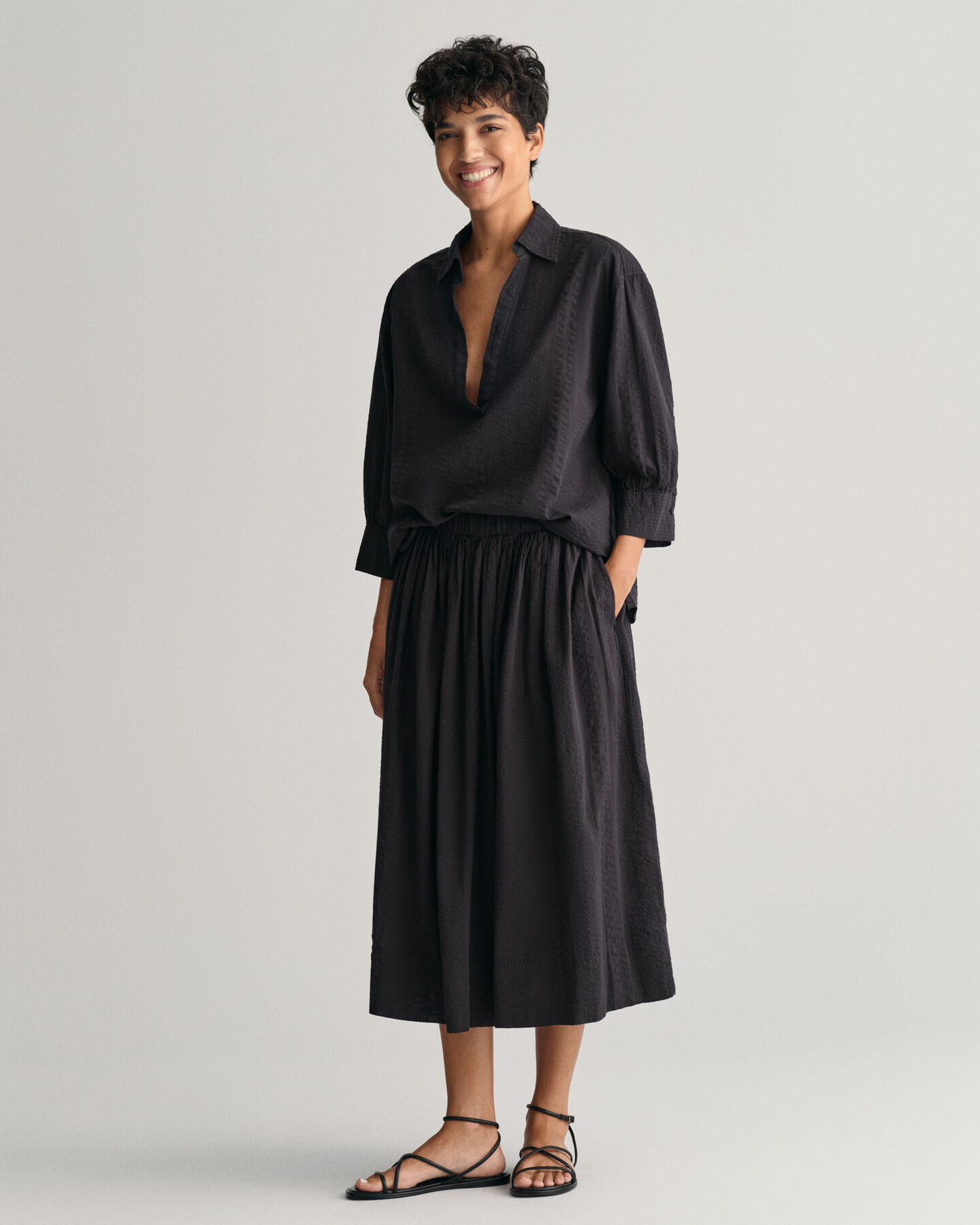 Seersucker-stribet pull-on nederdel